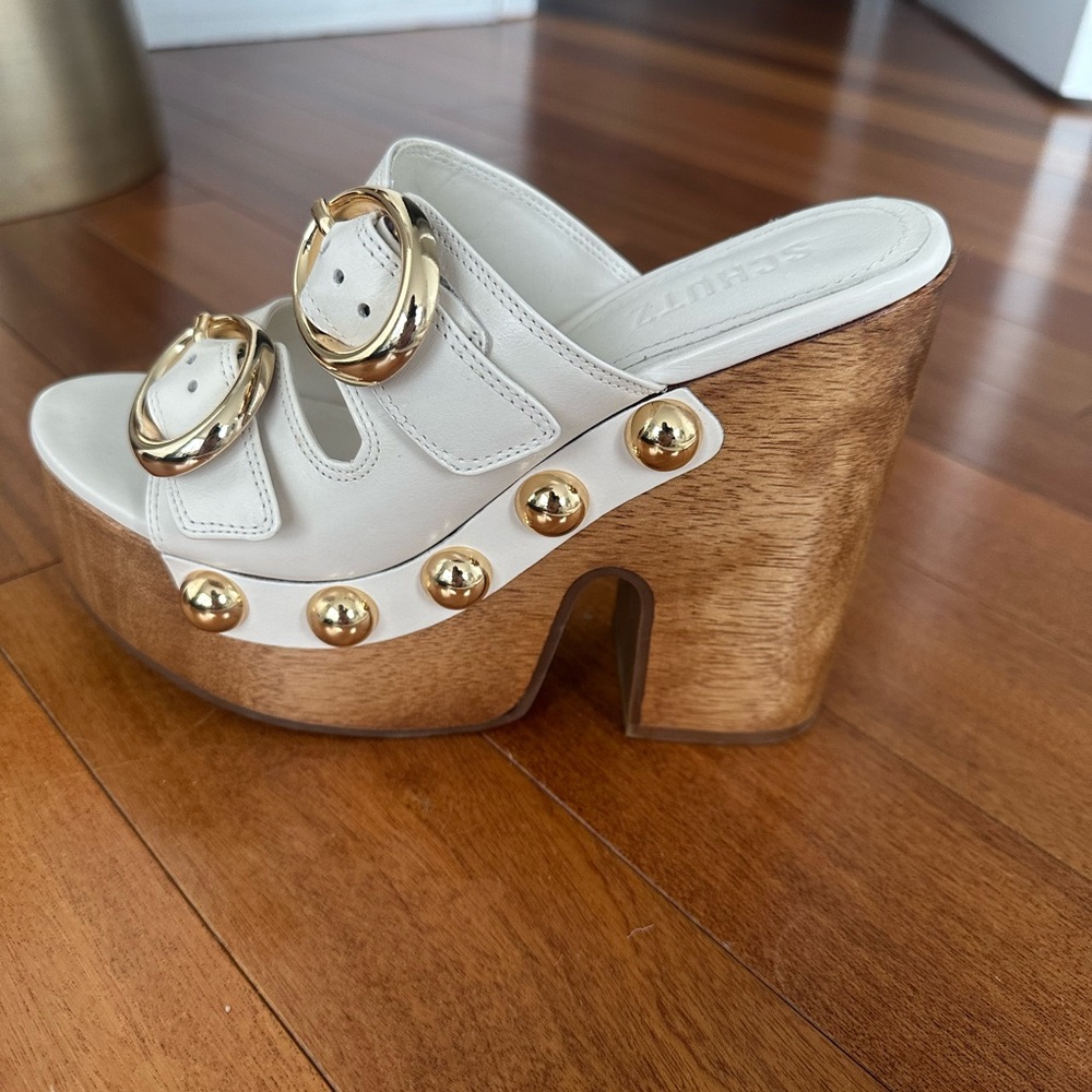 SCHUTZ Cream and Gold Studded Platform Mules